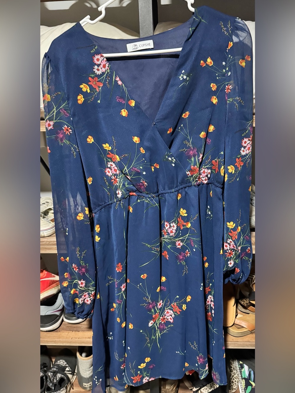 Cupshe Navy Floral Long Sleeve Wrap-Style Midi Dress